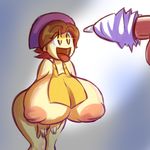  +_+ 1girl areolae breasts brown_eyes brown_hair cooking_mama fupoo gigantic_breasts hat inverted_nipples leaning_forward mama_(cooking_mama) naked_apron nipples nude open_mouth short_hair standing tongue tongue_out 