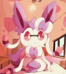  alternate_color bed bedroom bow commentary crossed_arms door english_commentary indoors light_bulb looking_at_viewer lying no_humans pen pokemon pokemon_(creature) purple_eyes purple_sclera purpleninfy ribbon sylveon window 
