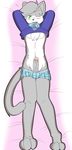  anthro balls blush bulge cat chest_tuft clothing collar erection feline fur green_eyes grey_fur grey_hair grey_penis hair leo leo_(vg_cats) male mammal munks one_eye_closed penis shirt solo tuft uncut underwear vg_cats webcomic white_fur wink 