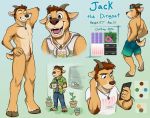  2020 anthro bottomwear bovid brown_hair canid canine canis caprine clothing dingo english_text eyewear goat hair heterochromia hi_res holding_cup holding_object holding_phone hybrid jackaloo male mammal model_sheet phone shorts solo sunglasses text 