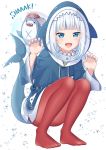  1girl :d air_bubble animal_hood bloop_(gawr_gura) blue_eyes blue_hair blue_hoodie blue_nails blush bubble claw_pose drawstring english_text fine_fabric_emphasis full_body gawr_gura gurande_(g-size) hands_up highres hololive hololive_english hood hood_up hoodie long_sleeves looking_at_viewer multicolored_hair nail_polish no_shoes open_mouth pantyhose red_legwear shark_hood shark_tail sharp_teeth silver_hair smile squatting streaked_hair tail teeth typo virtual_youtuber white_background wide_sleeves 