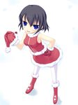  black_hair blue_eyes christmas from_above hand_on_hip kuro_(be_ok) leaning_forward original pantyhose santa_costume short_hair solo white_legwear 