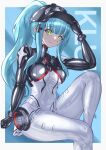  absurdres armored_bodysuit baseball_cap black_bodysuit blue_hair bodysuit girls&#039;_frontline girls&#039;_frontline_2:_exilium gloves green_eyes h&amp;k_mg36 hat highres hip_gear hk416_(girls&#039;_frontline) hk416_(midnight_evangelion)_(girls&#039;_frontline) kiki_561 latex latex_bodysuit long_hair ponytail two-tone_bodysuit white_bodysuit 