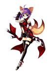  ahoge animal_ears artist_request belt boots breasts cleavage fox_(trickster) fox_ears fox_tail glasses knife large_breasts midriff purple_eyes purple_hair shorts solo tail thighhighs trickster 