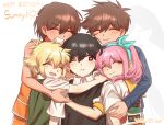  2girls 4boys antenna_hair aubrey_(faraway)_(omori) aubrey_(omori) basil_(faraway)_(omori) basil_(omori) black_eyes black_hair black_sweater_vest blonde_hair blue_hairband blue_sweater blush bright_pupils brown_hair character_name closed_mouth collared_shirt dark-skinned_male dark_skin dated double-parted_bangs green_sweater_vest group_hug hairband happy_birthday hero_(faraway)_(omori) hero_(omori) highres hug iomor_snuuy jacket kel_(faraway)_(omori) kel_(omori) long_hair long_sleeves looking_at_another mari_(faraway)_(omori) mari_(omori) mari_(spirit)_(omori) multiple_boys multiple_girls omori one_eye_closed open_mouth orange_shorts parted_lips pink_hair shirt short_hair short_sleeves shorts smile sunny_(omori) sweater sweater_vest teeth translation_request white_jacket white_pupils white_shirt 