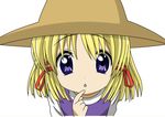  blonde_hair clannad close-up hair_ribbon hat kezu moriya_suwako parody purple_eyes ribbon short_hair solo sunohara_mei touhou 