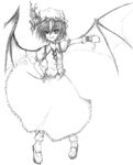  bat_wings dress greyscale hat looking_at_viewer mob_cap monochrome puffy_short_sleeves puffy_sleeves remilia_scarlet short_hair short_sleeves simple_background solo touhou vampire white_background wings zaki_(artist) 