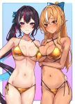  2girls absurdres alternate_costume arm_under_breasts azki_(hololive) bikini black_hair blonde_hair blue_bow blush border bow breasts cleavage closed_mouth collarbone commentary_request commission criss-cross_halter dark-skinned_female dark_elf dark_skin elf gold_bikini hair_bow halterneck hasumushi highres hololive large_breasts long_hair looking_at_viewer multiple_girls navel nose_blush outside_border pink_streaks pointy_ears ponytail purple_eyes red_eyes shiranui_flare side-tie_bikini_bottom side_ponytail skeb_commission stomach swimsuit thighs virtual_youtuber white_border white_streaks 