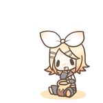  :3 :p blonde_hair chibi hair_ribbon honey honeypot kagamine_rin licking lowres ribbon sakuramori_sumomo short_hair simple_background solo tongue tongue_out vocaloid white_background 