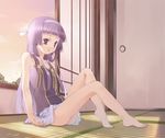  bangs barefoot blue_hair blunt_bangs feet hair_tubes hairband indoors kannagi long_hair nagi pleated_skirt room sitting skirt solo tatami white_skirt window yuizaki_kazuya 