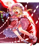  \o/ ^_^ arms_up blonde_hair closed_eyes danmaku fang fingernails flandre_scarlet full_body happy hat katahira_masashi laevatein mary_janes one_side_up open_mouth outstretched_arms petticoat shoes short_hair socks solo touhou wings 