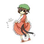  animal_ears bad_id bad_pixiv_id bow bowtie brown_eyes brown_hair cat cat_ears cat_tail chen dress dress_lift gomimushi hat looking_back lowres multiple_tails solo tail touhou 