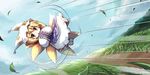  :o blonde_hair chibi dollar flying fox_tail grass hands_in_opposite_sleeves hat long_sleeves multiple_tails pillow_hat rolling short_hair solo speed_lines tail tassel touhou wide_sleeves yakumo_ran yellow_eyes 