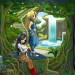  1girl bad_id bad_pixiv_id bird bird_on_hand black_hair blonde_hair blue_eyes bodysuit brown_eyes chimachi final_fantasy final_fantasy_ix garnet_til_alexandros_xvii long_hair low-tied_long_hair nature orange_bodysuit smile stairs tail water waterfall zidane_tribal 