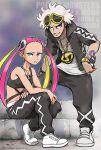  1boy 1girl arm_tattoo asymmetrical_eyewear black_jacket black_pants black_shirt blonde_hair character_name closed_mouth collarbone commentary_request copyright_name crop_top eyelashes eyeshadow eyewear_on_head guzma_(pokemon) hair_ornament holding holding_poke_ball jacket jewelry makeup multicolored_hair necklace open_clothes open_jacket pants pink_hair plumeria_(pokemon) poke_ball poke_ball_(basic) pokemon pokemon_sm quad_tails shirt shoes short_hair short_hair_with_long_locks sitting sitting_on_stairs sleeveless sleeveless_shirt smile stairs standing stomach_tattoo sunglasses tattoo team_skull two-tone_hair wackybee watch white_hair white_shirt white_shoes wristwatch yellow-framed_eyewear yellow_eyes 