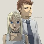  1girl :o bangs bare_shoulders blonde_hair blue_eyes brown_eyes brown_hair choker copyright_name cross dress_shirt facial_hair goatee height_difference hotel_dusk kyle_hyde long_hair looking_at_viewer lowres mila_evans necktie open_mouth shirt sidelocks silver_background simple_background sketch swept_bangs upper_body 