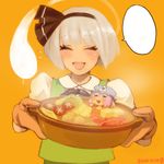  ^_^ bad_id bad_pixiv_id bangs blank_speech_bubble blunt_bangs blush bob_cut bow chibi closed_eyes dated facing_viewer flying_sweatdrops food hitodama holding in_food konpaku_youmu konpaku_youmu_(ghost) minigirl multiple_girls nabe orange_background oven_mitts pink_hair saigyouji_yuyuko short_hair silver_hair smile speech_bubble touhou tsurusaki_yuu upper_body 