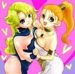  ayla_(chrono_trigger) blonde_hair breast_press breasts chrono_trigger green_eyes jewelry large_breasts long_hair lowres marle multiple_girls pendant ponytail purple_eyes sakata3 symmetrical_docking 