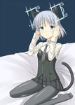  animal_ears bed black_legwear blue_background cat_ears cat_tail crotch_seam expressionless green_eyes hirschgeweih_antennas military military_uniform necktie pantyhose rinyan_suzu sanya_v_litvyak short_hair silver_hair simple_background solo strike_witches tail uniform world_witches_series 