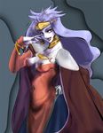  breasts cape chrono_trigger cleavage covered_nipples crown earrings jewelry long_hair lowres mature medium_breasts nipple_slip nipples pale_skin purple_eyes purple_hair queen_zeal sakata3 solo 