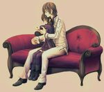  1girl blood blush boots brown_hair couch couple cross_academy_uniform cross_yuki formal height_difference hetero holding_hands injury kuran_kaname school_uniform short_hair sitting sitting_on_lap sitting_on_person suit thighhighs vampire_knight yugume zettai_ryouiki 