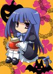  artist_request bat blue_hair cat_tail chibi dress expressionless flower frederica_bernkastel halloween holding jack-o'-lantern jar long_hair lowres no_nose pumpkin purple_eyes ribbon sitting socks solo tail umineko_no_naku_koro_ni 