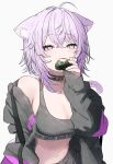  1girl absurdres ahoge animal_collar animal_ear_fluff animal_ears black_collar black_jacket black_sports_bra breasts cat_ears cat_girl cat_tail cleavage clothes_writing collar commentary crossed_bangs dot_nose eating food food_on_face grey_background hair_between_eyes highres holding holding_food hololive jacket large_breasts light_blush long_sleeves looking_at_viewer navel nekomata_okayu off_shoulder onigiri open_clothes open_jacket purple_eyes purple_hair simple_background sleeves_past_wrists solo sports_bra symbol-only_commentary tail takaya_riku upper_body virtual_youtuber 