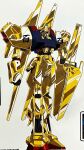  1980s_(style) colored_lineart concept_art gundam highres hyaku_shiki kobayashi_makoto_(illustrator) machinery mecha mecha_focus mobile_suit no_humans official_art radio_antenna retro_artstyle robot scan science_fiction shield traditional_media white_background zeta_gundam 