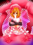  artist_request beret blonde_hair dress gloves hat hug lambdadelta lowres orange_eyes pillow pillow_hug pink pink_dress pink_hat ribbon short_hair sitting solo umineko_no_naku_koro_ni 