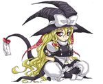  adapted_costume apron bad_id bad_pixiv_id blonde_hair commentary_request demon_girl demon_horns demon_tail hat horns indian_style kirisame_marisa looking_at_viewer minarai pantyhose red_eyes simple_background sitting solo spread_legs tail touhou waist_apron white_background witch_hat 