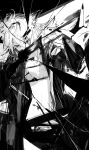  1girl animal_ear_fluff animal_ears ankoro_mochi arknights blood blood_on_face bra broken_mirror greyscale hair_between_eyes highres jacket lappland_(arknights) long_hair mirror monochrome nail_polish reflection solo underwear 