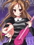  brown_hair detached_sleeves earrings futaba_841 guitar instrument jewelry long_hair lotte_(pop'n_music) nail_polish pop'n_music red_eyes red_nails solo striped twintails 