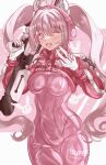  1girl alice_(nikke) bodysuit goddess_of_victory:_nikke grey_hair headphones highres impossible_clothes kiki_561 latex latex_bodysuit long_hair pink_bodysuit pink_eyes skin_tight twintails 