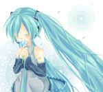  aqua_hair bad_id bad_pixiv_id blush closed_eyes detached_sleeves flower hands_clasped happy hatsune_miku long_hair mugi_(twinbox) necktie own_hands_together solo twintails very_long_hair vocaloid 