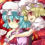  aqua_hair blonde_hair chair close-up cup fangs flandre_scarlet hair_over_one_eye hug hug_from_behind multiple_girls okina_ika red_eyes remilia_scarlet siblings sisters sitting tea teacup tongue touhou 