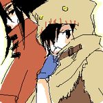  1girl artist_request black_hair couple dirge_of_cerberus_final_fantasy_vii final_fantasy final_fantasy_vii hetero hood long_hair lowres oekaki short_hair vincent_valentine yuffie_kisaragi 