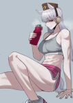  1girl abs absurdres animal_ears bare_arms bare_legs bare_shoulders blunt_bangs blush bottle breasts breath brown_hat cleavage collarbone commentary dolphin_shorts ear_covers english_commentary gold_ship_(umamusume) grey_background grey_hair grey_sports_bra hat highres holding holding_bottle horse_ears horse_girl horse_tail long_hair looking_at_viewer midriff navel parted_lips pillbox_hat ratatatat74 red_eyes red_shorts shoes short_shorts shorts simple_background sitting smile sneakers solo sports_bra sweat sweaty_clothes tail tail_through_clothes thighs toned toned_female umamusume water_bottle 