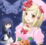  annoyed artist_request beret blonde_hair blue_hair bug butterfly chibi dress fangs frederica_bernkastel hat insect lambdadelta long_hair lowres multiple_girls orange_eyes pink_dress pink_hat pumpkin purple_eyes ribbon short_hair umineko_no_naku_koro_ni 