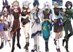  3boys 4girls alhaitham_(genshin_impact) alhaitham_(genshin_impact)_(cosplay) animal_ears aqua_pants arlecchino_(genshin_impact) barbara_(genshin_impact) barbara_(genshin_impact)_(cosplay) black_bodysuit black_eyes black_gloves black_hair black_shirt black_shorts blue_hair bodysuit breasts brown_shirt brown_thighhighs clorinde_(genshin_impact) clothes_around_waist cosplay crop_top cross-shaped_pupils cyno_(genshin_impact) cyno_(genshin_impact)_(cosplay) dress earrings eyepatch fingerless_gloves genshin_impact gloves gold_trim green_eyes grey_hair hair_between_eyes hat headband highres ifa_(genshin_impact) jewelry kaedehara_kazuha kaeya_(genshin_impact) kinich_(genshin_impact) kinich_(genshin_impact)_(cosplay) kujou_sara long_hair long_sleeves multiple_boys multiple_girls ojo_aa pants pantyhose purple_eyes purple_hair red_eyes red_hair red_pupils rosaria_(genshin_impact) rosaria_(genshin_impact)_(cosplay) scaramouche_(genshin_impact) shirt shorts shoulder_spikes skirk_(genshin_impact) spikes symbol-shaped_pupils thighhighs trap veil wanderer_(genshin_impact) wanderer_(genshin_impact)_(cosplay) white_background white_dress white_pantyhose white_sleeves xinyan_(genshin_impact) xinyan_(genshin_impact)_(cosplay) 