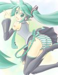  aqua_hair ass bad_id bad_pixiv_id detached_sleeves hatsune_miku long_hair panties pantyshot satogo solo striped striped_panties thighhighs twintails underwear vocaloid wind wind_lift 