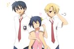  1girl 2boys :d ^_^ ahoge arm_grab blonde_hair clannad closed_eyes emblem hikarizaka_private_high_school_uniform looking_at_viewer multiple_boys necktie okazaki_tomoya open_mouth ryokka school_uniform simple_background smile sunohara_mei sunohara_youhei white_background 