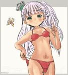  2girls bikini bikini_bottom_pull cananocouf cowboy_shot fate/grand_order fate_(series) green_eyes grey_hair hair_ribbon hat highres index_finger_raised kantai_collection long_hair looking_at_viewer maestrale_(kancolle) mini_hat miyamoto_musashi_(fate) multiple_girls one-hour_drawing_challenge one_side_up red_bikini ribbon smile solo_focus striker_unit swimsuit tan two-tone_background 