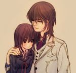  1girl brown_hair couple cross_academy_uniform cross_yuki formal hetero hug kuran_kaname necktie nervous purple_hair red_eyes school_uniform short_hair suit vampire_knight yugume 