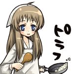  apron blue_eyes blush brown_hair clannad cooking food frying_pan long_hair lowres miyazawa_yukine open_mouth simple_background solo tane white_background wooden_spoon 