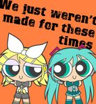  aqua_eyes aqua_hair blonde_hair chibi crossed_arms detached_sleeves english green_eyes hatsune_miku headset kagamine_rin long_hair multiple_girls necktie parody powerpuff_girls skirt style_parody thighhighs twintails vocaloid 