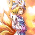  blonde_hair hands_in_opposite_sleeves hat juuka@100neko long_sleeves multiple_tails pillow_hat short_hair solo tail tassel touhou wide_sleeves yakumo_ran yellow_eyes 