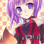  artist_request blush breast_suppress breasts cleavage fingerless_gloves fox_(trickster) fox_tail glasses gloves large_breasts lowres purple_eyes purple_hair solo tail trickster 