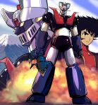  1boy armor black_armor black_hair blue_armor bodysuit doublas_m2_(robot) explosion full_body head_spikes holding_detached_head kamisimo_90 looking_at_viewer male_focus mazinger_(series) mazinger_z mazinger_z_(mecha) mecha mecha_focus mecha_pilot_suit mount_fuji mountain multicolored_armor multiple_views profile red_bodysuit robot severed_head short_hair sideburns solo_focus spiked_hair standing super_robot yellow_eyes 
