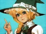  bad_id bad_pixiv_id blonde_hair blue_background blush bow bowtie braid buttons green_eyes hat hat_bow head_tilt index_finger_raised kirisame_marisa lace long_hair long_sleeves looking_at_viewer parted_lips simple_background solo touhou tsurusaki_yuu upper_body white_bow witch_hat 