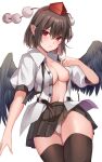  1girl absurdres black_hair black_skirt black_thighhighs black_wings breasts buttons cleavage cowboy_shot feathered_wings hand_on_own_chest hat highres koizumo light_blush medium_breasts medium_hair navel neck_ribbon no_bra open_clothes open_mouth open_shirt panties pantyshot pointy_ears pom_pom_(clothes) red_eyes ribbon shameimaru_aya shirt short_sleeves simple_background skirt solo stomach thighhighs thighs tokin_hat touhou underwear undone_neck_ribbon white_background white_panties white_shirt wings 